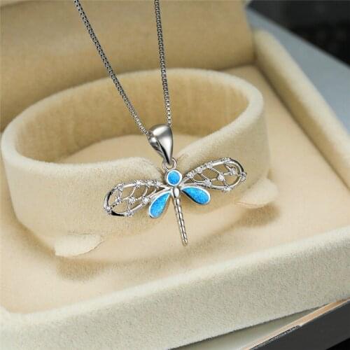 Exquisite Hollow Dragonfly Zircon Rhinestones Necklace for girl Women Statement Wedding Jewelry Imitation Opal Pendant Necklace