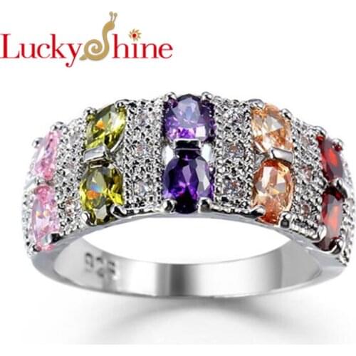 Classic AAAA Fire Square Color Mystic Crystal Cubic Zirconia Silver Rings Wedding Rings for Women Party Holiday Christmas Gifts