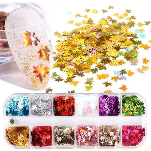 12 Grid Laser Autumn Maple Leaf Nail Art Sequins Decor Holographic Chameleon Glitter Flakes UV Gel Polish Tool