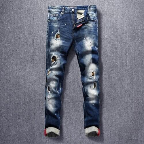 American Streetwear Fashion Men Jeans Top Quality Retro Dark Blue Elastic Slim Fit Ripped Denim Trousers Patchwork Hip Hop Pants