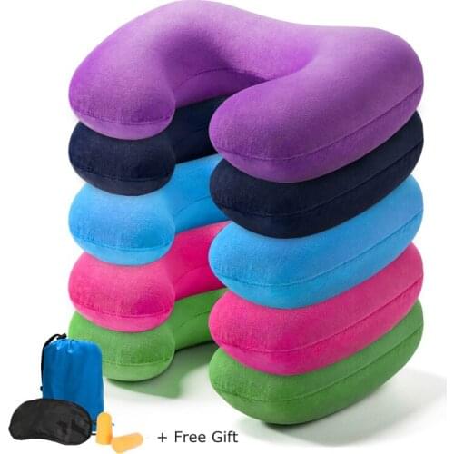 Air Inflatable U Shaped Travel Neck Pillow Cushion Headrest Support Plane Train with Eyeshade and Earplugs Outdoor Tool