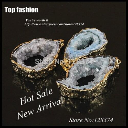 Natural crystal quartz geode drusy stone pendant charm,gold side onyx druzy semi-precious stone accessories in grey blue strip