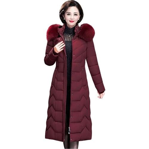 New winter parka women lengthen down cotton jacket plus size 6XL thicken hooded coat female big fur collar cotton outerwear KW36