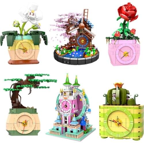 2021 New Sakura Windmill Time Elf Rose Orchid Prickly Pear Potted Small Particle Building Blocks Childrens Toy Gift