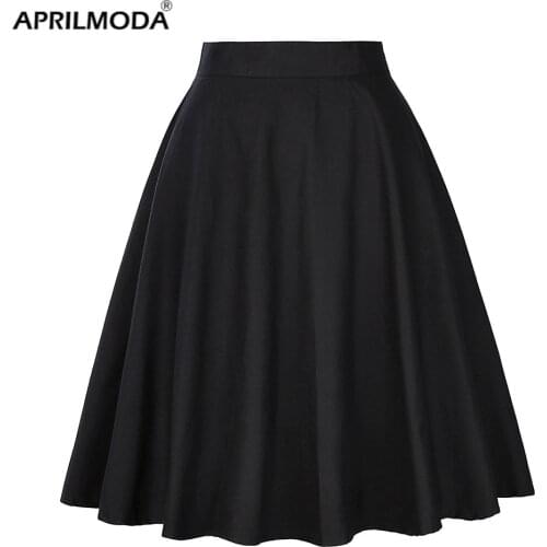 Solid Color Cotton Womens High Waist A-line Vintage Skirt Ladies Casual Black Plus Size Rockabilly Skirts Swing School Clothing