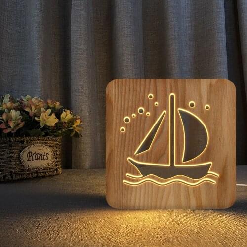 Sail Boat Pirate Skull 3D LED Wooden Night Light Hollow Table Lamp USB Power Desk Lights For Baby Kids Christmas New Year Gift