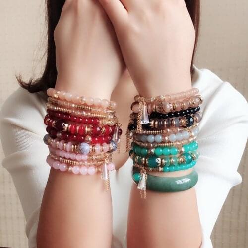 Retro Bosnian Crystal Beads Fashion Ocean Style Multi-Layer Combination Elastic Bracelet For Women Elegant Party Jewelry Gift