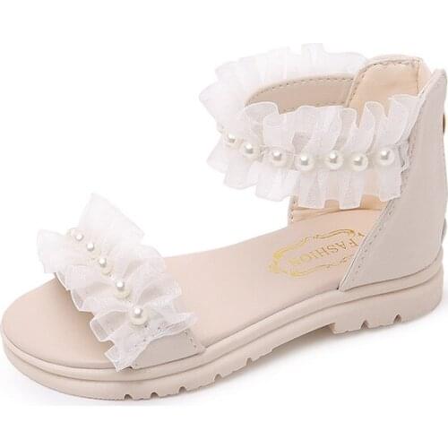 Girls Sandals 2021 Summer New Spot Lace Pearl Kids Shoes Childrens Shoes Korean Beach Sandals Sweet Fashion for Wedding 26-36