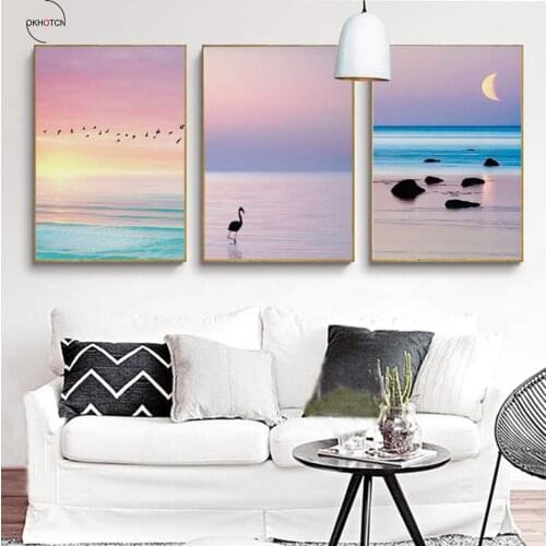 Nordic Landscape Canvas Picture Beautiful Sea Baech Sunset Painting Minimalist Warm Poster Bedroom Decor No Framed