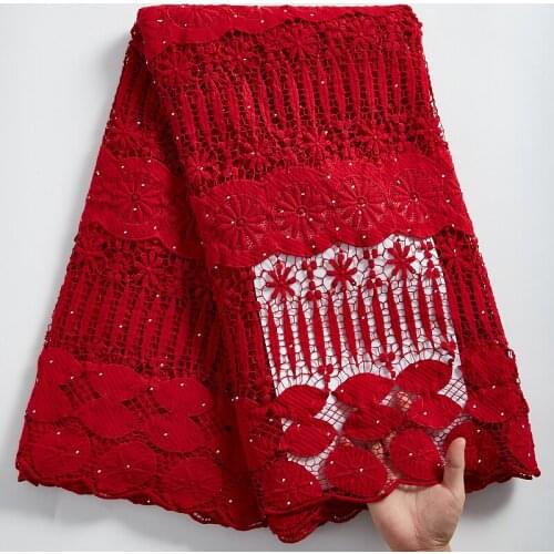 SJD LACE New Arrival Hollow Flower Pattern African Lace Fabric Water Soluble Nigerian Fabric With Stone For Wedding Dress A 2316