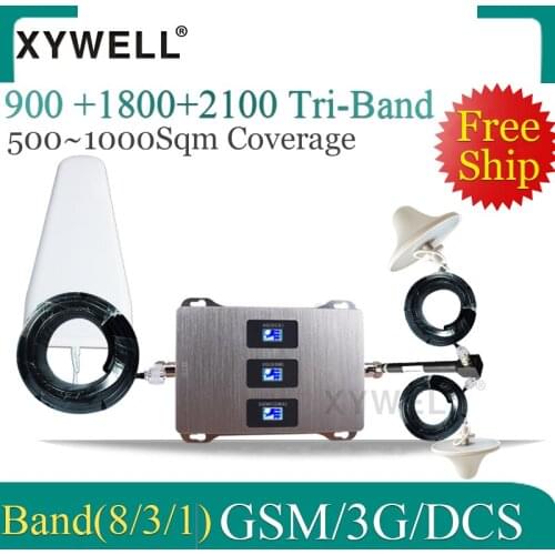 Big Cover Tri Band GSM 900 UMTS 2100 4G 1800 Mobile Signal Booster Two Indoor Antennas Repeater Amplifier Set