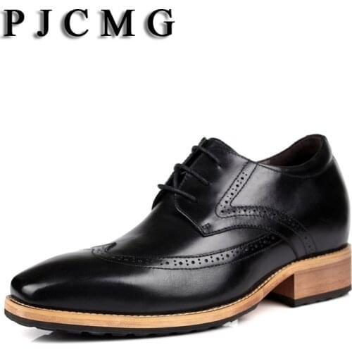 PJCMG New Mens Invisible Elevator 8cm Fashion Pointed Toe Genuine Leather Business Formal The Trend Of Black Leather Shoes