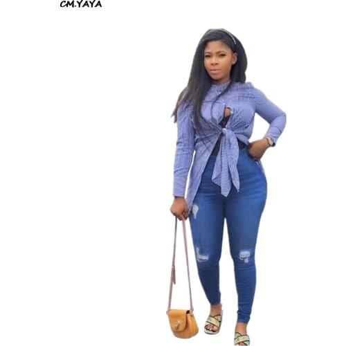 Women new button open tie up hem irregular stripes sexy long sleeve blouses shirts fashion tops S-2XL GLL5054