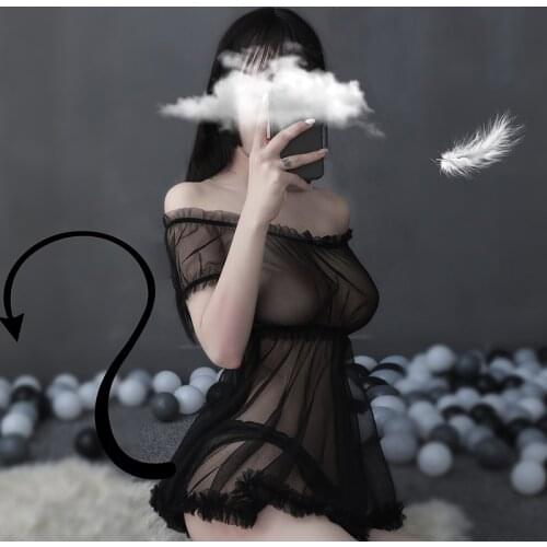 Short Sleeve Slash Neck Ruffle Bow Mesh Gauze Sheer Woman Night Sexy Sleepwear Lingerie Set Attractive Nightdress