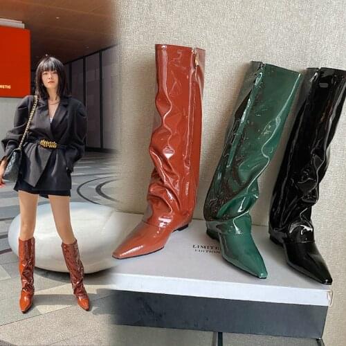 2021 Retro Cow Patent Leather Women Skirt Boots Fashion Zipper Knee High Boots Comfort Wedges Heel Zipper Long Boots Fall Winter