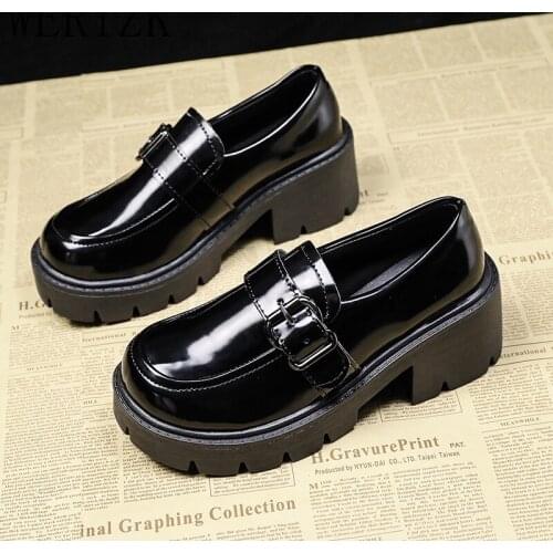 2021 Shoes Women Ladies Thick Sole Slip on Flats Creepers Leather Platform Shoes Casual Buckle Shoes Zapatos De Mujer