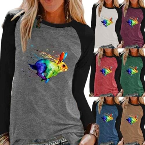 Autumn Womens Fashion Casual Long Sleeve Top Cartoon Rabbit Print Round Neck Loose Pullover Sweatshirt Oversized Ladies T-shirt