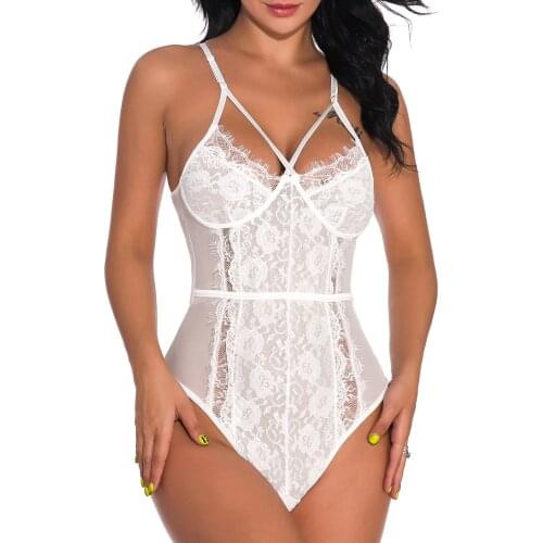Female Bodysuit, Lace Floral Spaghetti Strap Sleeveless Romper Sexy Lingerie for Women costume women sissy fishnet bodysuit