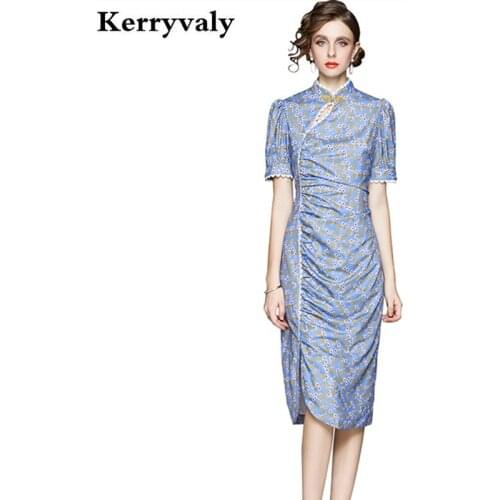 Retro Elegant Frog Hollow Cheongsam Dress Robe Femme T 2021 Slim Blue Bodycon Party Dress Dames Jurken Sommerkleid K3632