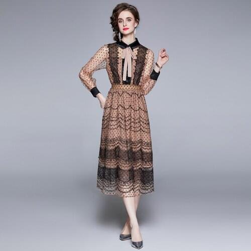 2021 New Fashion Runway Mesh Mid-Length Dress Robe Women Long Sleeve Elegant Bow Collar Party Dresses Vestidos