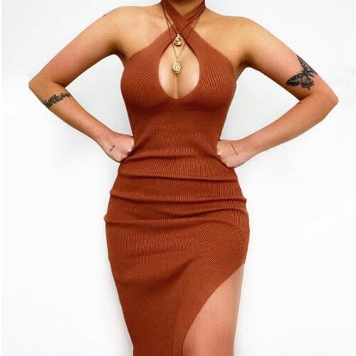 Women Knitted Long Dress Sexy Cross Halter Hollow out Summer Sleeveless Dress Elegant Mid Calf bodycon dress Strapless Dresses