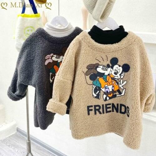 Winter Girl Sweater Lamb Wool Mid-Length Children Thick Coat Korean Style Tops Mickey Minnie Dress New Year Birthday Gift