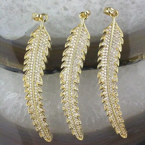 10*55mm 10pcs/lot High quality cz pendant,feather shape cubic zircon charm jewelry,bracelet/necklace component wholesale