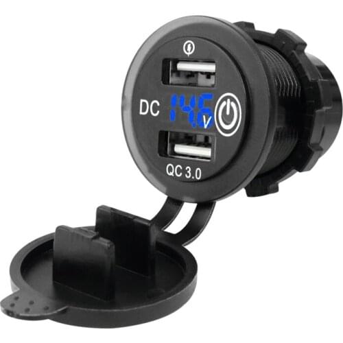 12V/24V Car Charger QC3.0 USB Fast Car Charger Power Outlet Voltmeter with LED Voltmeter ON OFF Switch For Automobile Motorcycle