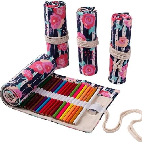 Pencil Case 36 48 72 Holes Rose Flower Canvas Pen Wrap Roll Makeup Cosmetic Brush for Girls Boys Cute Pen Storage Stationery