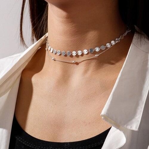 Korean Sequins Chains Necklaces for Women Simple Style Gold Silver Color Multi-layer Oval Beads Chain Choker Necklace Jewelry