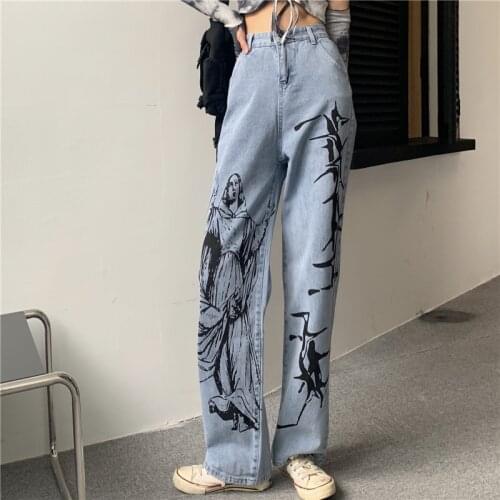 Summer WomenS Fashion Ins Street Hip-Hop Printed Washed Jeans Loose Casual Denim Wide-Leg Pants Trendy Ladies Trousers
