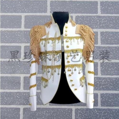 White Men Suits Designs Masculino Homme Terno Stage Costumes For Singers Men Tassel Blazer Dance Clothes Jacket Style Dress Rock