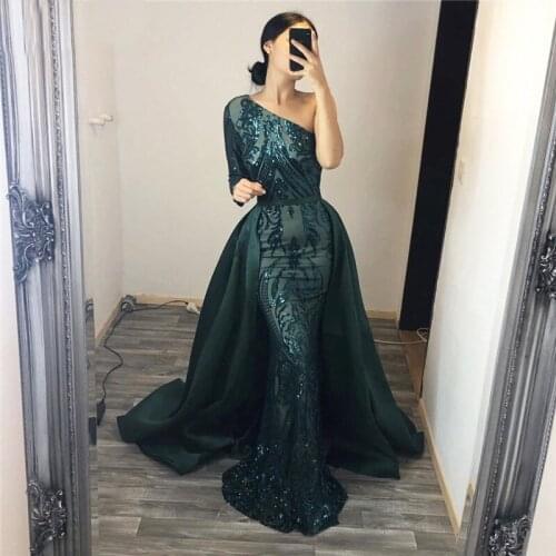 One Shoulder Green Sequined Maxi Dress One Sleeve Long Evening Party Ball Gown Floor Length Long Dress Autumn Winter