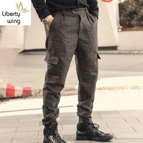 England Style Gray Casual Trousers Men High Street Slim Zipper Cargo Spring Autumn Fashion 2020 Business Pants S-2XL