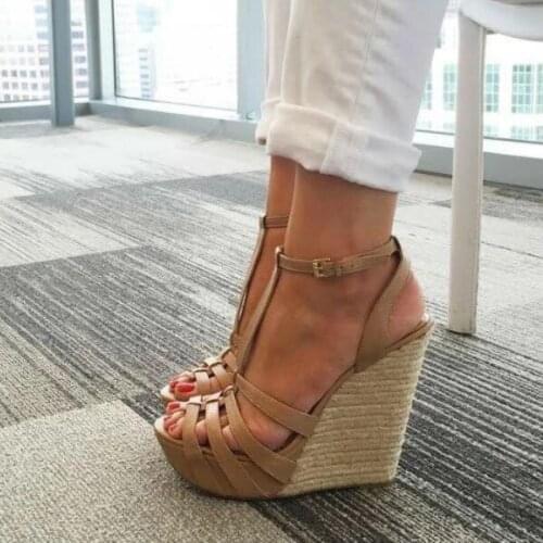Women Khaki Sandals Shoes Rope Braided Super Wedge Sandals T Strap Peep Toe Platform Shoes Sandalias