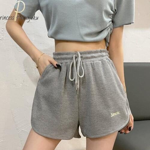 Casual Polyester Gray Letter Shorts Women Summer Sexy High Waist Shorts Fitness Female Vintage Belt Loose Split Fork New Shorts