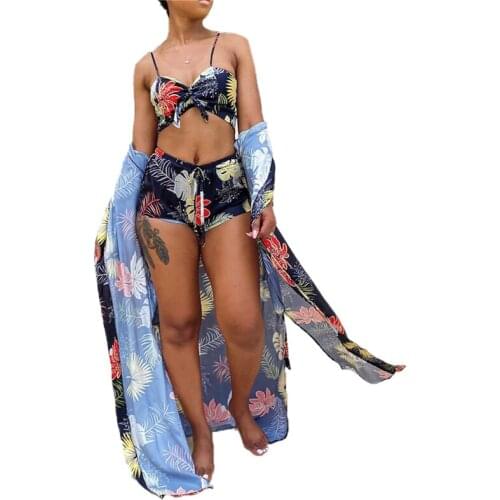 Xingqing 3Pcs Bathing Suit Set Women Floral Print Long Sleeve Coat+ Spaghetti Strap Bikini Tops+ Panties Plus Size Beachwear