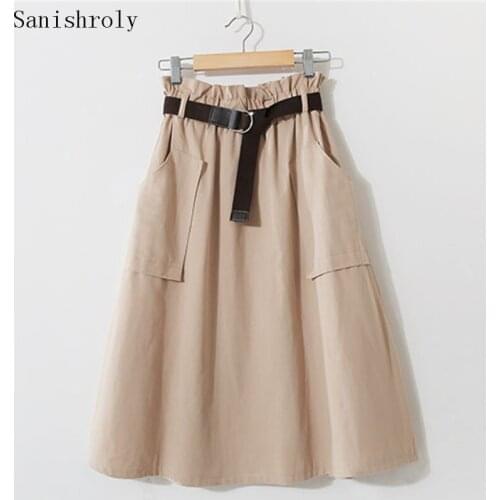 Sanishroly 2020 New Autumn Women With Belt Midi Long Skirts Elastic High Waist A-Line Skirt Female All Match Student Skirt SE987
