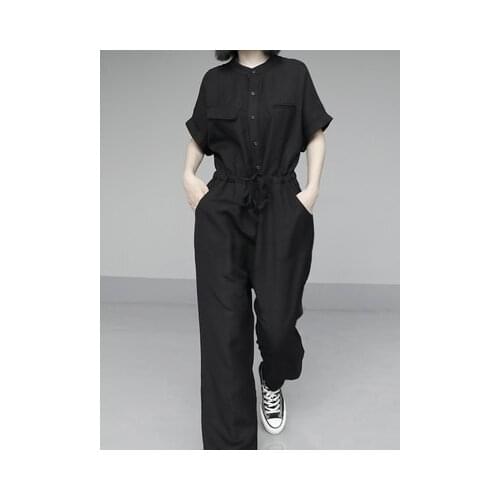 New Hemp cotton short-sleeved work style dark loose waist long jumpsuit trousers women