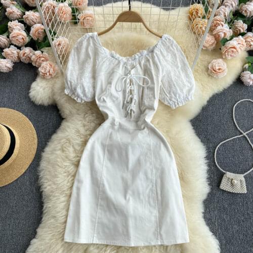 SINGREINY Women Fashion Korean Dress Sexy Slash Neck Puff Sleeve Solid A-line Dress Summer Off Shoulder Streetwear Mini Sundress