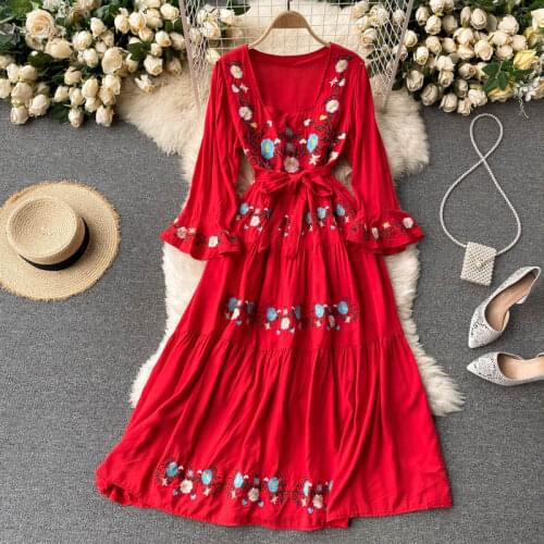 Spring New Holiday Beach Vestidos Female Embroidered Flowers Square Neck Trumpet Sleeve Waistbanded Bohemian Midi Dress C452