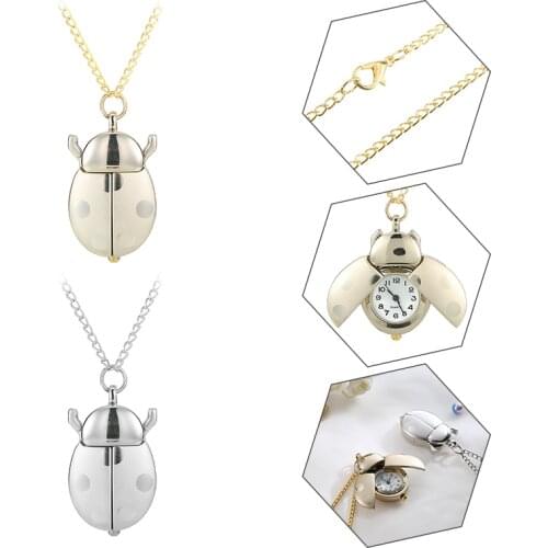 Gold/Silver Beetle Pocket Watch Creative Necklace Pendant Ladybug Fob Pocket Watch Vintage Arabic Number Dial Quartz Watches