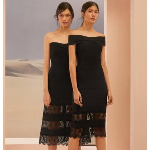 2021 New Winter Fashion Women Black Off Shoulder Lace Bodycon Bandage Dress Sexy Hollow Out Celebrity Evening Runway Party Dress