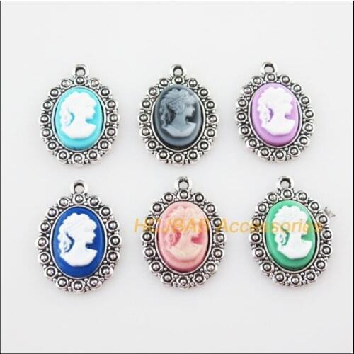 6 New Oval Beauty Mixed Resin Charms Tibetan Silver Tone Pendants 18x24mm
