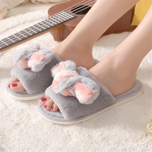 Autumn Winter Cotton Slippers Indoor Cotton Shoes Fur Rabbit Home Warm Thick Bottom Cat Slippers Womens Slippers Cute Fluffy