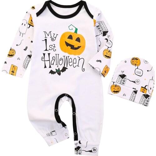 Cute Toddler Infant Baby Girl Boy Long Sleeve Halloween Pumpkin Pattern Romper Jumpsuit Hat Outfit