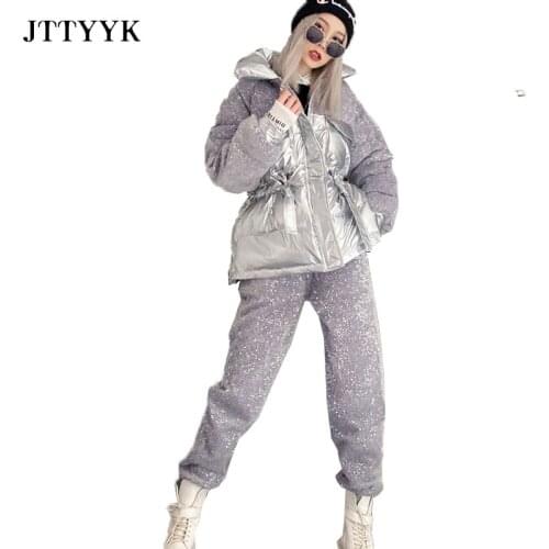2-piece set Suit 2021 Winter Coat Women Parka New Sequin Down Jacket + Casual long pants two-piece trend winter clothes women