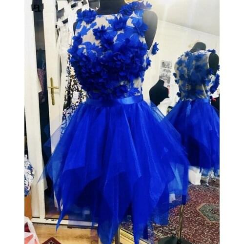 Short Cocktail Dresses 2021 Royal Blue Handmade Flowers Organza Ruffles Prom Party Formal Dress Robe DE Soriee