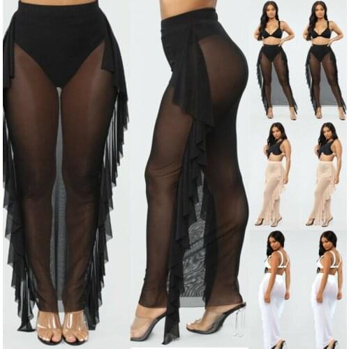 Summer Womens Chiffon See-Through Long Maxi Split Beach Dress Sundress Ruffle Sarong Mesh Swimwear