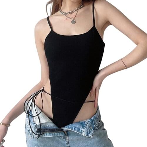 2021 Fashion Trend Women Summer Bodysuit Solid Color Ribbed Spaghetti Straps Tied High-Waist Slim Playsuit Skinny One Piece Wear